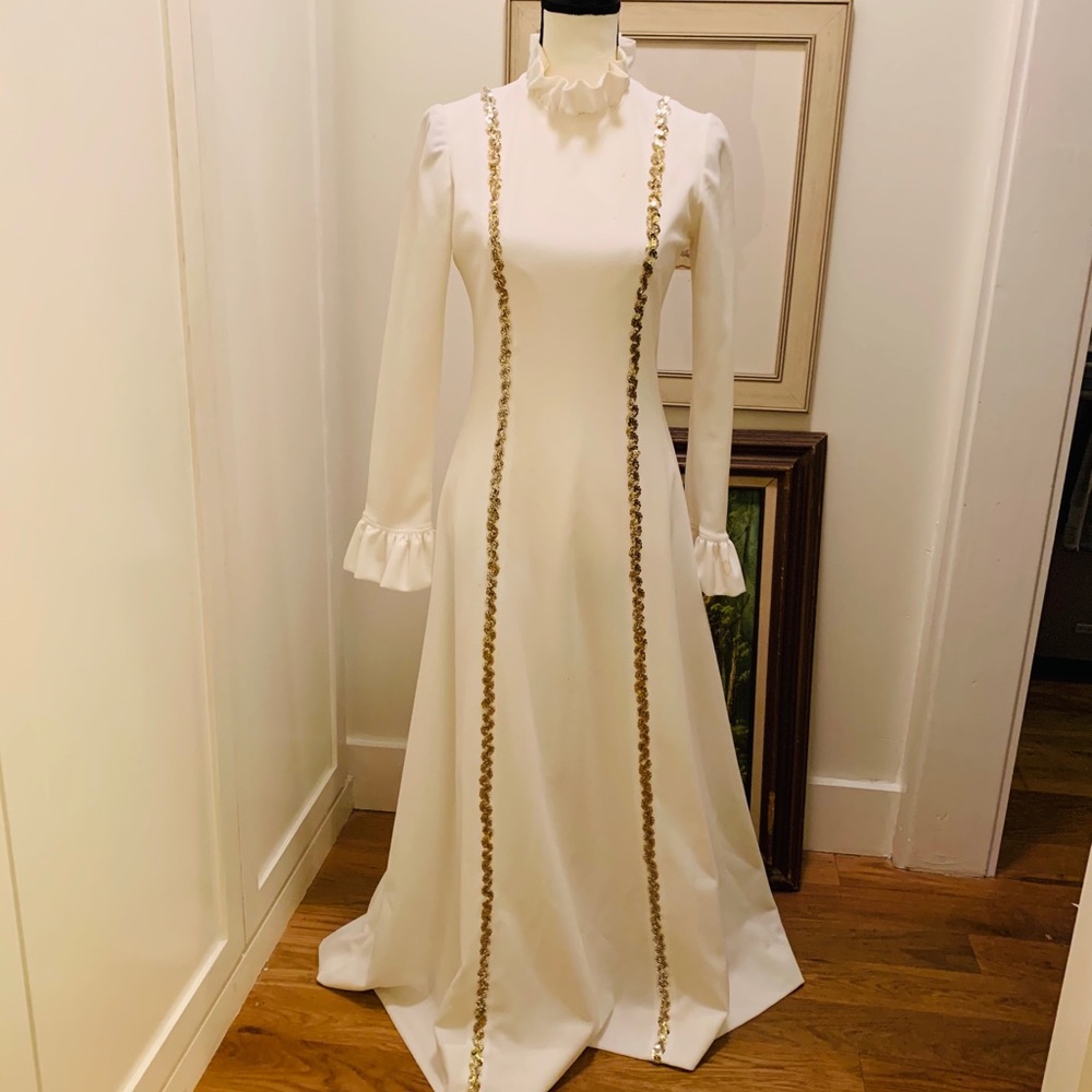 White Formal Dress With Ruffle And Gold Sequins